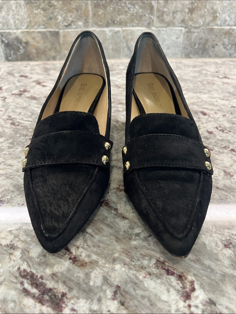 Enzo Angiolini Black Suede Pointed Loafers with Gold Studs - Picture 7 of 7
